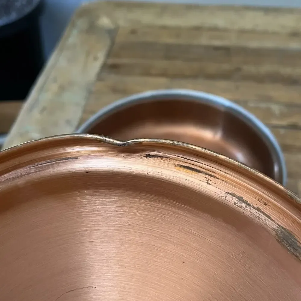 Vintage Copper Saute Pan Skillet with Lid Wood Handle